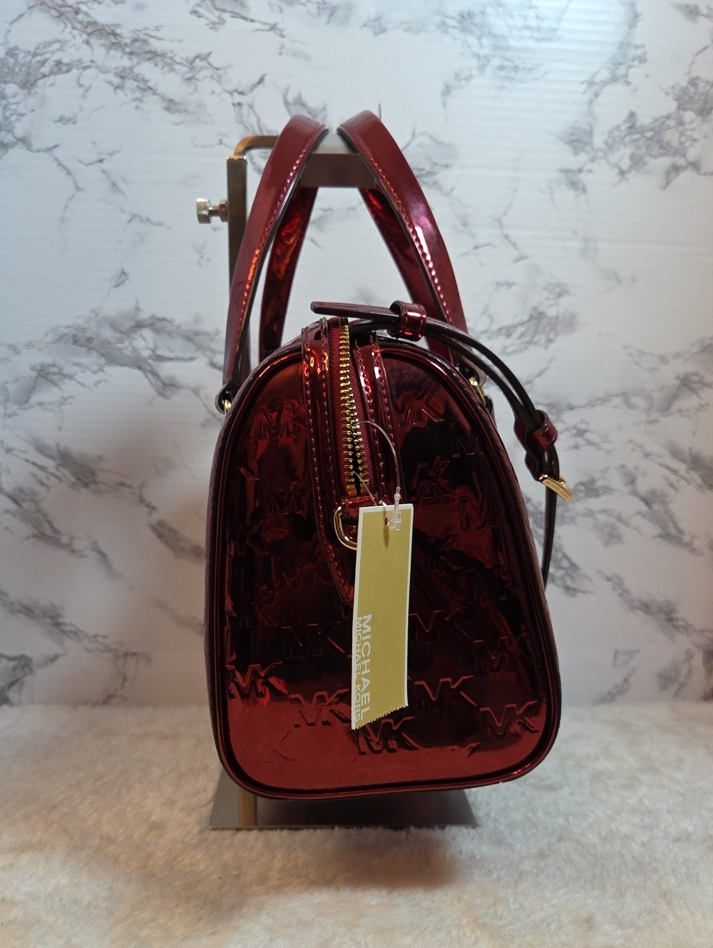 MICHAEL KORS Jet Set Medium Metallic Logo Debossed Duffle/Satchel Cherry NWT - Picture 5 of 10